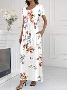 Maxi Dress For Women Short Sleeve Casual Summer Loose Plain Comfy Long Dresses With Pockets - trắng - Xem 4