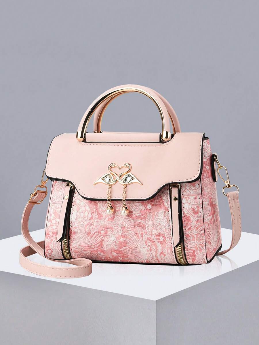 Bolso de mano pequeño de unicolor para mujer, bolso bandolera de asa superior, bolso de hombro pequeño de moda con decoración de hebilla - Rosa - Ver 1