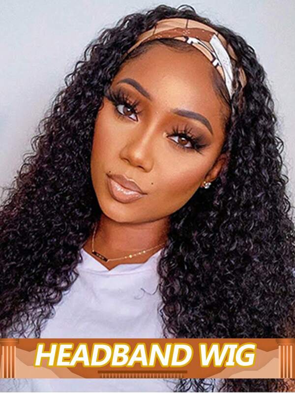 Kinky Curly Kopfband Perücken aus Echthaar, brasilianische Lockenwellen Kopfband für Frauen, 150% Dichte, Remy Echthaar, vollautomatisch hergestellte Perücken, natürliches Schwarz