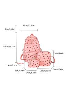 Bộ 3 chiếc ba lô nhiều ngăn gấp gọn bằng vải nylon màu trơn phong cách tươi mới thường ngày họa tiết dâu tây, nơ, anh đào, khóa kéo jacquard, dung tích lớn, thích hợp cho nữ mặc hàng ngày, sinh viên đại học, đào tạo, đi học, mua sắm, du lịch - Hồng - Xem 2
