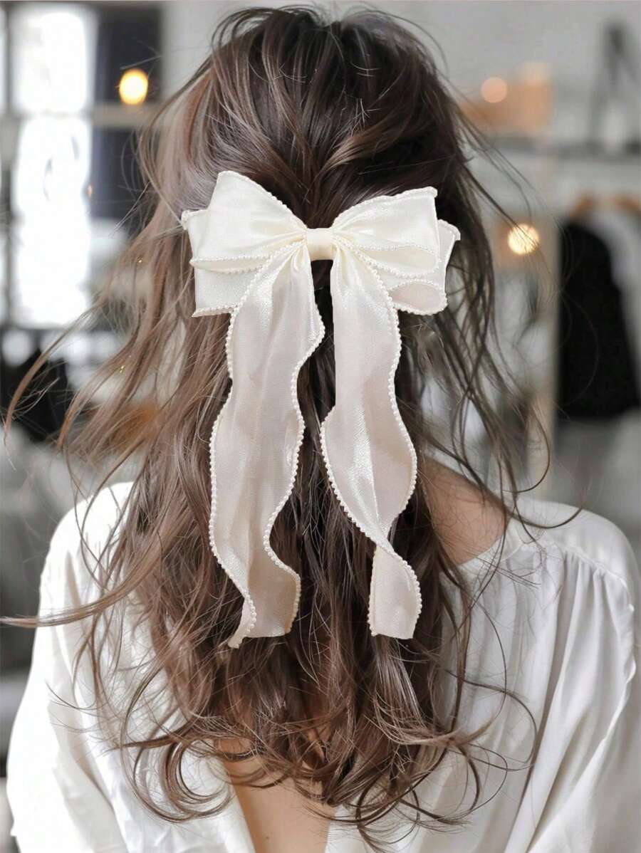 1pc Girl Bow Hair Clip,Elegant Pearl Mesh Hairpin Accessories For Girls,Kids Hair Accessories - Beige - View 1