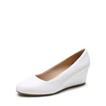 Women's Low Wedges Heels Pumps Round Toe Comfortable Casual Solid Color Slip On Dress Work Wedding Shoes - trắng - Xem 4