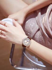 DOM 1pc Women's Fashion Diamond-Studded Moon & Star Dial Mother-Of-Pearl Leather Band Waterproof Wrist Watch