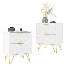 Nightstand Set Of 2, Modern End Side Table With 2 Drawers, Bedside Table With Golden Metal Legs For Living Room, Bedroom Furniture