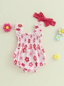 Baby Girls Rompers Flower Print Ruched Sleeveless Infant Bodysuits Jumpsuits With Headband - Pink - View 1