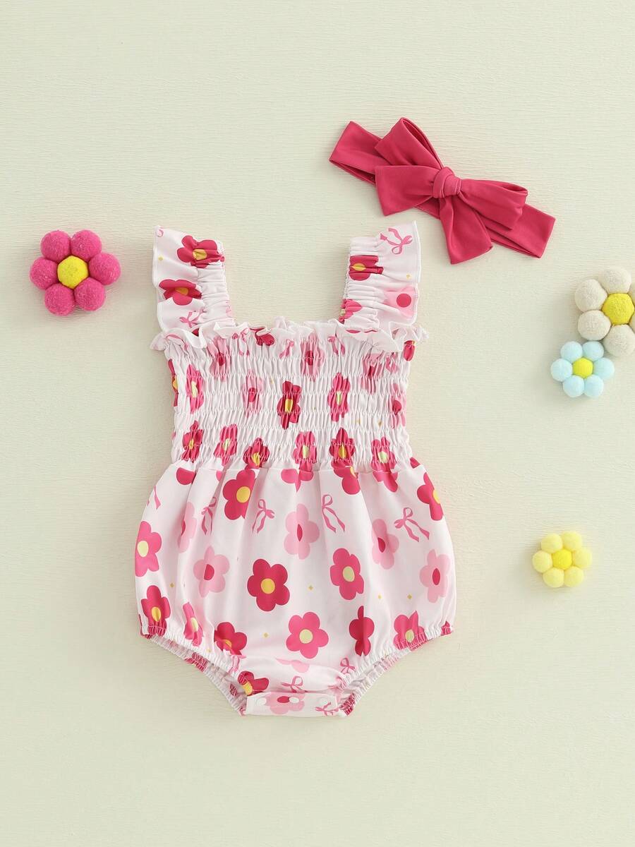 Baby Girls Rompers Flower Print Ruched Sleeveless Infant Bodysuits Jumpsuits With Headband - Pink - View 1