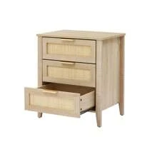 Broadfashion Rattan Nightstand, Night Stand With 3 Drawers, Farmhouse End Table, Bedside Table For Bedroom