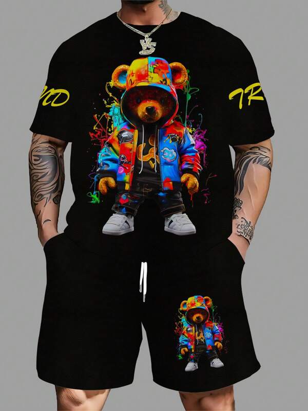2 sztuki/zestaw plus size męski zestaw koszulek i szortów z kreskówkowym misiem, odpowiedni na co dzień, przytulny strój