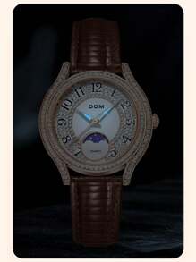 DOM 1pc Women's Fashion Diamond-Studded Moon & Star Dial Mother-Of-Pearl Leather Band Waterproof Wrist Watch