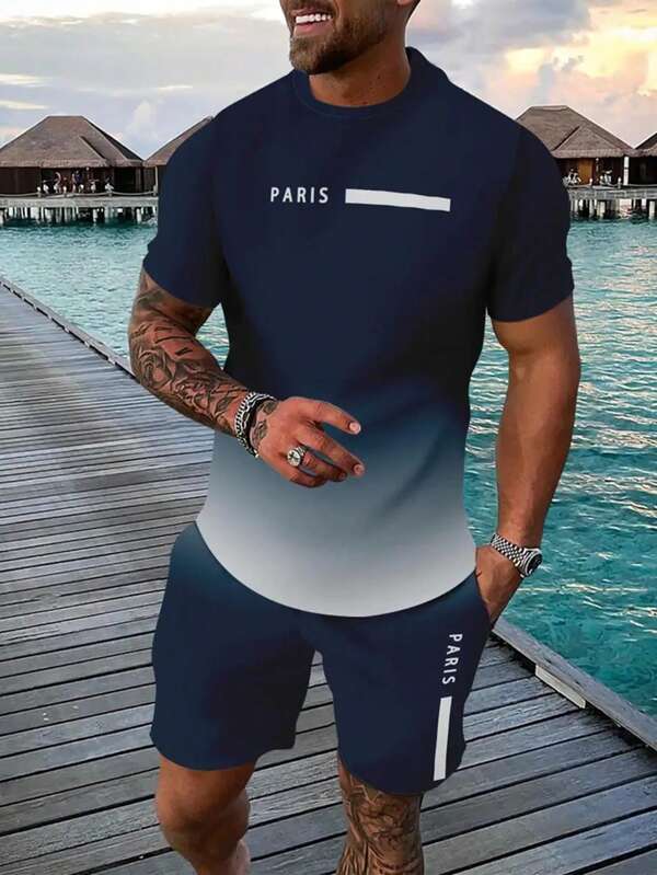 Paris Inspired Casual Sweatsuit Set For Men - Crew Neck T-Shirt And Shorts Combo, Knit Fabric, Regular Fit, Polyester & Spandex Blend, Slight Stretch, 3D Print Design, Breathable Athletic Leisure Wear - For Men - Suitable For Casual Wear, Sports & Loungewear - Perfect Gift For Fashionable Guys