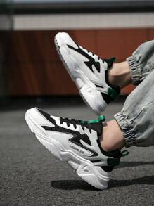 Men's Fashion Versatile Letter Colorblock Lace-Up Casual Sports Shoes, Outdoor Comfortable Couple Mesh Running Sneakers Chunky Sneakers - Black - View 9