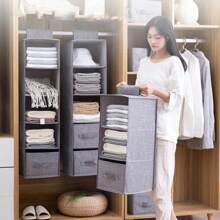 Bolsa de almacenamiento colgante de algodón y lino, organizador de armario estilo cajón, caja organizadora de ropa, soporte plegable para almacenamiento colgante - Beige de 5 capas - Ver 3