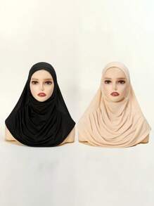 2pcs Women Solid Color Instant Hijab Set, Prayer Casual Pleated Headscarf Combination, Multi-Color Options, Practical Headscarf, Tudong, Instant Long Khimar Hijab, Suitable For Daily Wear All Seasons