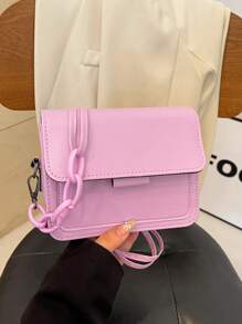 1pc Pu Fashion Bag For Girl Ins Versatile Wide Strap Small Square Bag Fashionable Retro Shoulder Messenger Bag, Candy Color Solid Color Bag, Flip Magnetic Buckle Design, Spliced Chain Shoulder Strap, Suitable For Girls' Daily Use, Travel, Fashionable And Versatile Square Bag Shape, It Is A Good Choice For Giving Gifts - Solid Color Crossbody Bag - View 10