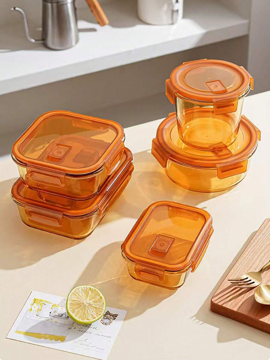1pc Rectangular Glass Lunch Box, Microwavable Meal Container, Office Worker Food Storage Box, Round Shape