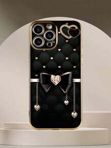 1pc Black TPU Electroplated Heart Shaped Anti-Drop Phone Case, And 1pc Black Electroplated Rhinestone Heart Suitable For Smartphone, Android Phones, OPPO