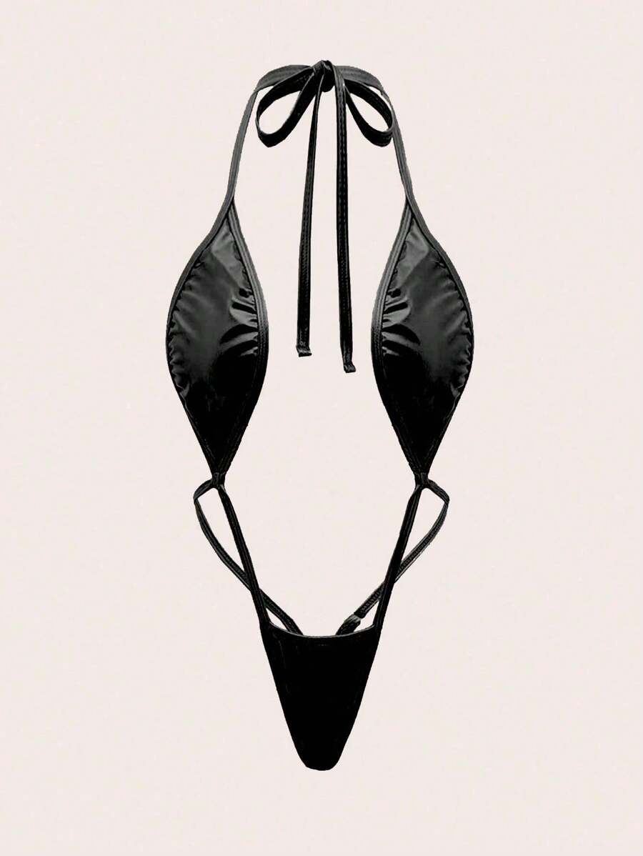 Plus Size Women's Sexy Lingerie Set, Solid Color Seductive Underwear, Deep V Backless Three-Point Bodysuit, Suitable For Club Party - Black - View 1