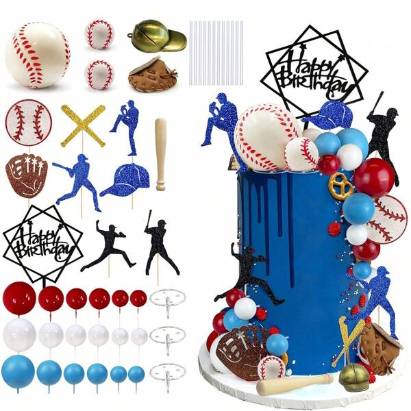 31PCS Baseball Cake Decorations Sports Theme Party Decoration Supplies Baseball Themed Happy Birthday Cake Topper Party Decorations