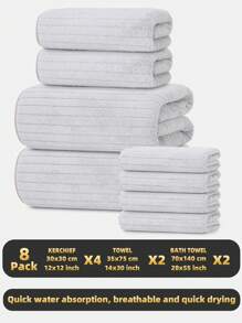 8pcs Set [4 Handkerchiefs + 2 Towels + 2 Bath Towels] Coral Fleece Striped Hand Towel, Face Towel, Bath Towel Bath Set, Lightweight, Skin-Friendly, Highly Absorbent, Suitable For Bathing, Face Washing, Traveling, Camping, Salons, Etc. Summer,Holiday