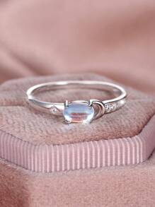 1 pieza Anillo de mujer de plata pura con estrella y piedra lunar ovalada elegante, regalo para fiesta/cumpleaños/aniversario