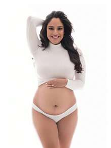 Maternity Turtleneck Long Sleeve Pullover, Solid Color Cropped Top, Suitable For Photoshoot White - White - View 5