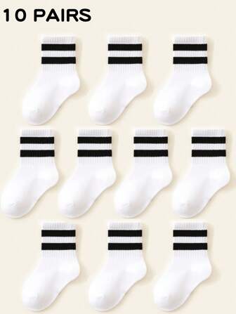 10 双儿童白色网眼字母印花中筒袜，轻薄、透气、舒适、百搭，适合春夏季，适合儿童、青少年、青年、返校