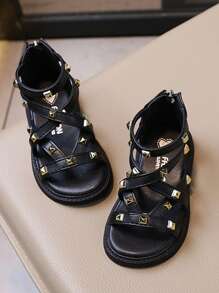 1 双女童夏季罗马凉鞋，时尚软底公主凉鞋，时尚又快乐 - 黑色 - 查看 4