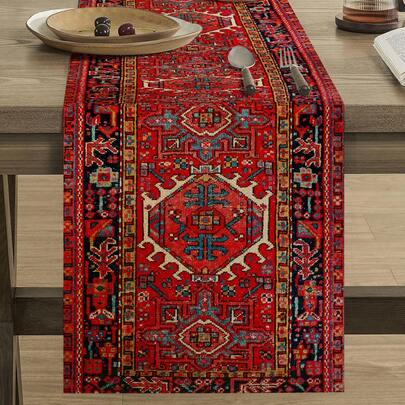 1 件波西米亚红黑色几何亚麻桌旗，波西米亚风格礼品设计桌布，适合家庭、餐厅、餐厅、餐桌装饰、室内/室外派对