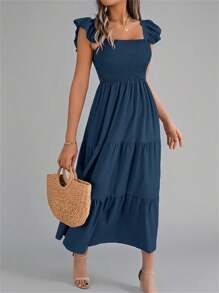 Summer New Solid Color Square Neck Backless Casual Shirred Frill Trim Sleeveless A-Line Dress, Navy Blue - Navy Blue - View 6