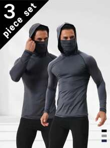 3 Piece Men's Quick Dry Athletic Hoodie With Mask - Breathable, Sun-Protective, High-Stretch Polyester Fabric For Gym, Running And Casual Wear - 彩色 - 查看 4