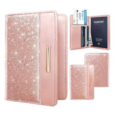 女式 RFID 屏蔽护照夹，闪光可爱护照钱包，带松紧带，旅行护照夹旅行必需品学校返校学校用品假期假期必需品度假配件护照套