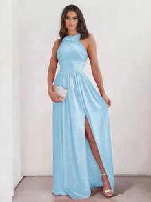 Sophisticated Off-The-Shoulder Long Dress With Leg Slit - Dusty Blue - View 3