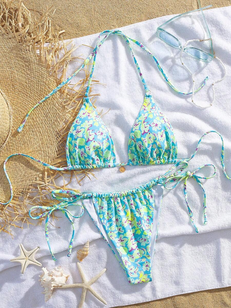 全新柔软印花前部金属装饰细肩带露背海滩派对比基尼套装，优雅女士夏季海滩时尚泳装