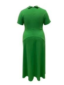 优雅短袖 A 字形连衣裙，带不对称荷叶边下摆，有弹性