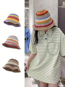 1pc Women's Striped Colorblock Hollow Out Windproof Knit Cap, Suitable For All Seasons - Fisherman's Hat - View 6