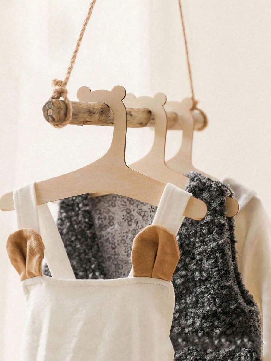 5pcs/10pcs/Set Cartoon Non-Slip Wooden Baby Clothes Hangers, Kids Room Home Wood Hanging Decor - Wood Color - View 1