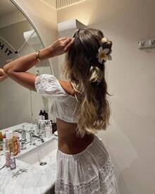 Woman Sheer White Tops & Skirts 2 Piece Sets Summer Outfits Solid Color Flattering Tube Top And Drawstring Lace Maxi Sundress - Boho Embroidery For Vacation, Beach Parties & Date Nights - 白色 - 查看 3