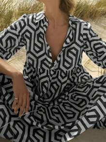 Autumn Women's Clothing, Women's Autumn Dresses, Long Sleeve Lapel Geometric Pattern Shirt-Style Open Collar Dress, Suitable For Commuting, Daily Wear, Outdoor, Women's Teacher Dress, Back To School, Soft Woven Fabric - Black - View 6