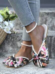 Women's Student Back-To-School Season Full-Print Faux Pearl Design Bow Flat Sandals Outdoor Fashion Wedding Work School Dormitory Vacation Travel Beach Can Be Worn - Multicolor - View 9