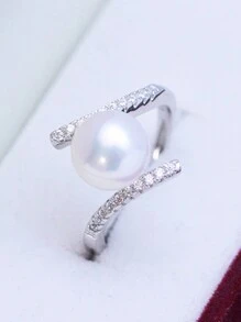 1 件优雅女士珍珠戒指，方晶锆石，浪漫婚礼订婚珠宝 - 銀色 - 查看 8