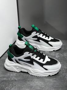 Men's Fashion Versatile Letter Colorblock Lace-Up Casual Sports Shoes, Outdoor Comfortable Couple Mesh Running Sneakers Chunky Sneakers - Black - View 3