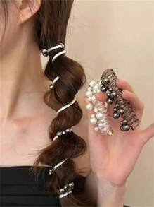 2条优雅仿珍珠发圈，螺旋发绳，女士专用 - 请观看产品视频几次，熟悉使用方法，发绳马尾辫头饰 - 彩色 - 查看 8