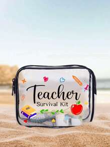1 pièce Meilleur sac de maquillage transparent imprimé en PVC pour les enseignants, sac de plage imperméable, sac de rangement transparent, sac de toilette pour le voyage, le camping, l'école, la salle de bain, la chambre d'étudiant, le rangement des outils de maquillage, unisexe, cadeau parfait pour les amis, les enseignants, la mère, les indispensables de voyage, sac de toilette de voyage, rangement de maquillage, vacances, fournitures scolaires, essentiels de voyage, pour femmes, pour la chambre d'étudiant