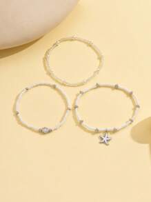 3pcs/Set Women Simple White Bead Pearl & Silver Starfish Shell Anklets, Suitable For Daily Wear And Holiday Travel - Multicolor - View 3