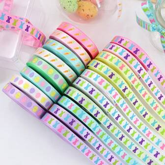 5 Metri/Lotto Nastro di raso con strisce, larghezza 10mm (3/8"), per accessori fiocchi, confezioni regalo, fai da te, decorazioni per la Pasqua