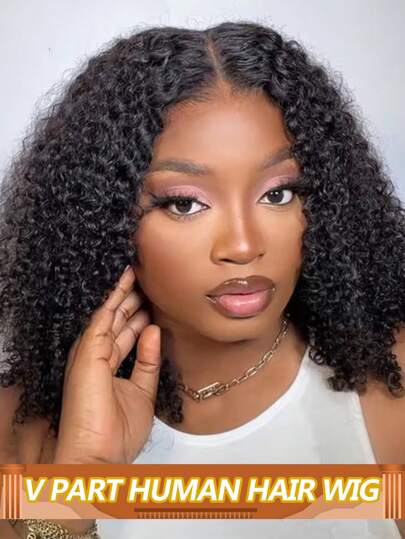V-förmige Bob-Perücke, afro-lockig, Echthaar, V-förmiger Clip-in Halbperücke, brasilianisches Echthaar, für Anfänger geeignet, 180% Dichte