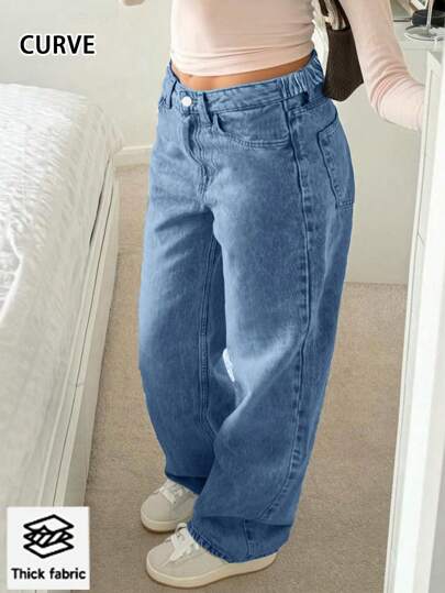 European And American Street Popular Mid-Waist Daily Basis Loose Casual Waist Elastic Plus Size Women's Straight Jeans
