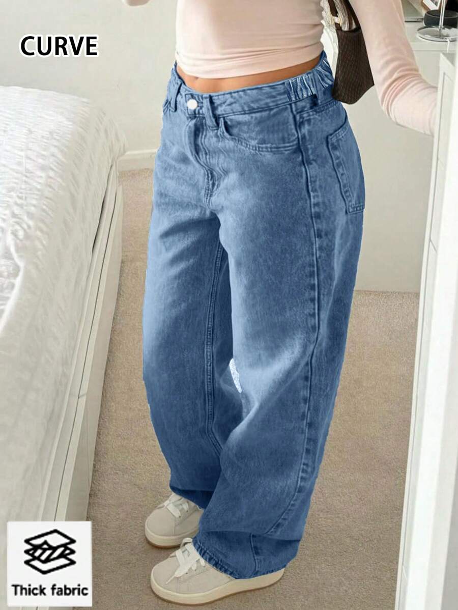 European And American Street Popular Mid-Waist Daily Basis Loose Casual Waist Elastic Plus Size Women's Straight Jeans - Rửa tối - Xem 1