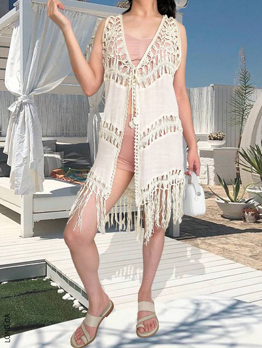 Women's Crochet Beach Cover Up. Sexy And Casual, Very Soft, Light And Comfortable Fabric, Made Of Polyester And Spandex, Round Neck And Sleeveless, Elegant Drawstring Closure, Suitable For Summer Seasons And Days At The Beach Or Pool. - 奶油色 - 查看 1