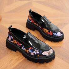 Nuevos mocasines de punta redonda versátiles de estilo casual con estampado floral, zapatos de plataforma de estilo Mary Jane para mujer